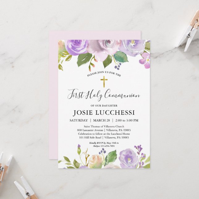 Elegant Purple Floral Baptism Communion Invitation (Front/Back In Situ)