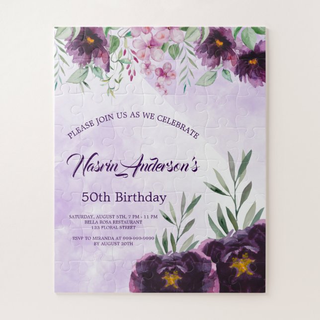 Elegant Purple Floral Birthday Invitation Jigsaw Puzzle (Vertical)