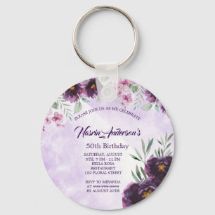 Elegant Purple Floral Birthday Invitation Key Ring