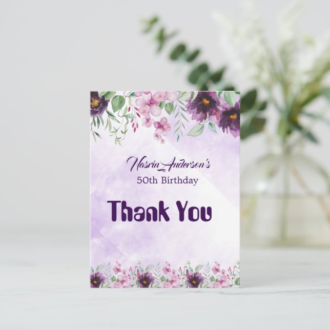 Elegant Purple Floral Birthday Invitation Postcard (Standing Front)