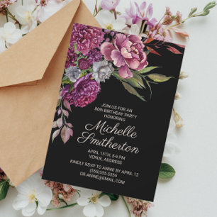 Elegant Purple Floral Black 80th Birthday Invitati Invitation