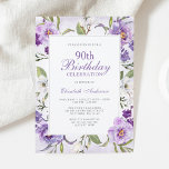 Elegant Purple Floral Botanical 90th Birthday Invitation<br><div class="desc">An elegant purple watercolor floral 90th birthday invitation template. This feminine purple ninetieth invite features a classic script and serif font pairing. Pretty lavender and white flowers border the outside,  with a small faux silver border around the text. Designs are flat printed illustrations/graphics - NOT ACTUAL SILVER FOIL.</div>