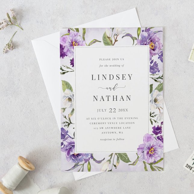 Elegant Purple Floral Botanical Wedding Invitation (Creator Uploaded)