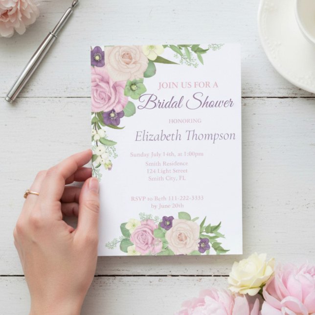 Elegant Purple Floral Bridal Shower Invitation (Creator Uploaded)