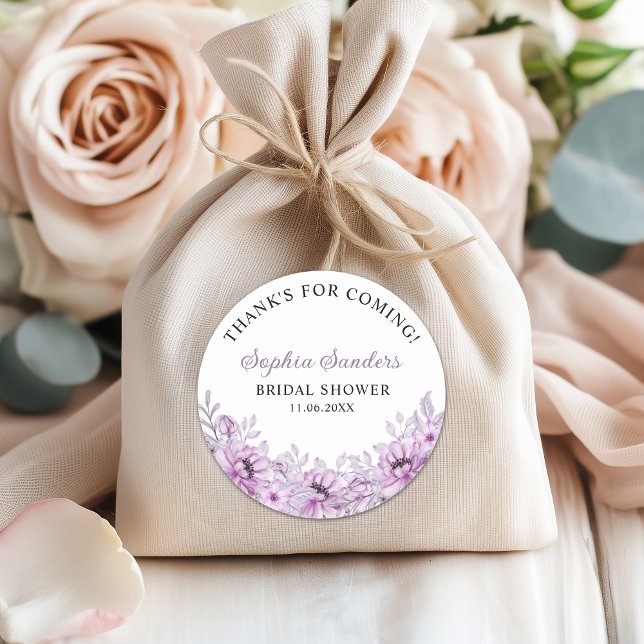 Elegant Purple Floral Bridal Shower Party Classic Round Sticker (Creator Uploaded)