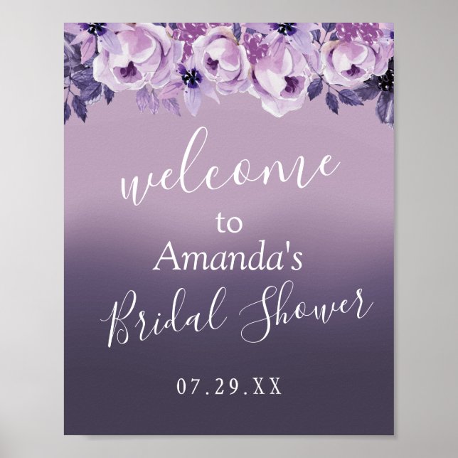 Elegant Purple Floral Bridal Shower Welcome Poster (Front)