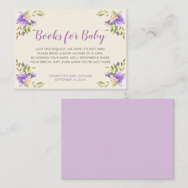 Elegant Purple Floral Bring a Book Baby Shower Enclosure Card (Front/Back)