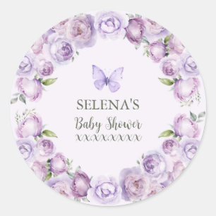 Elegant Purple Floral Butterfly Baby Shower Classic Round Sticker