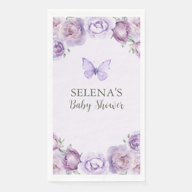 Elegant Purple Floral Butterfly Baby Shower Napkin (Front)