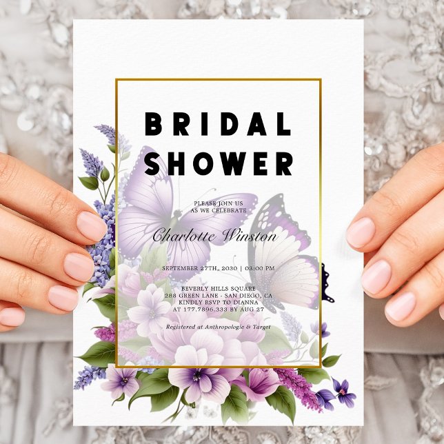Elegant Purple Floral Butterfly Bridal Shower Invitation (Elegant Chic Purple Floral Butterfly Bridal Shower Invitation)