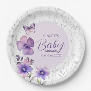 Elegant Purple Floral Butterfly Girl Baby Shower Paper Plate