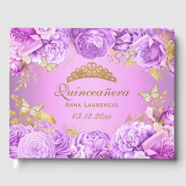 Elegant Purple Floral Butterfly Themed Quinceanera Guest Book (Front)