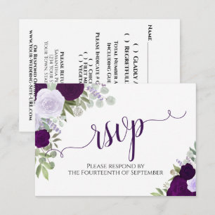 Elegant Purple Floral Calligraphy Wedding RSVP Card