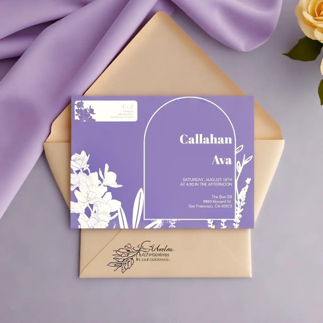 Elegant Purple Floral Couple Names & (Elegant Purple Floral Couple Names return adress label on a purple envelope )