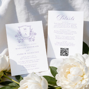Elegant Purple Floral Crest All in One Wedding Invitation