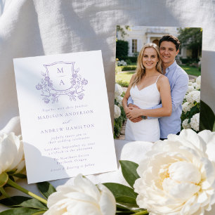 Elegant Purple Floral Crest Monogram Photo Wedding Invitation