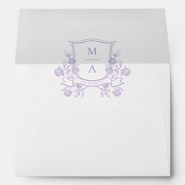 Elegant Purple Floral Crest Monogram Wedding Envelope (Back (Bottom))