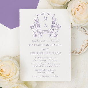 Elegant Purple Floral Crest Monogram Wedding Invitation