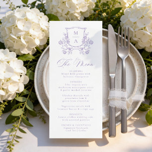 Elegant Purple Floral Crest Monogram Wedding Menu