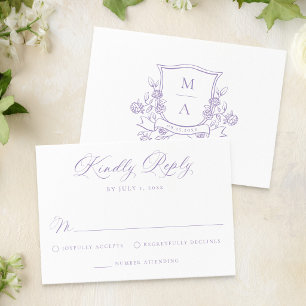 Elegant Purple Floral Crest Monogram Wedding RSVP Card