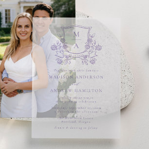 Elegant Purple Floral Crest Monogram Wedding Vellum Invitations
