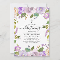 Elegant Purple Floral Cross Girl Christening