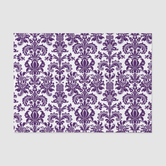 Elegant Purple Floral Damasks White Background Tissue Paper (Front)