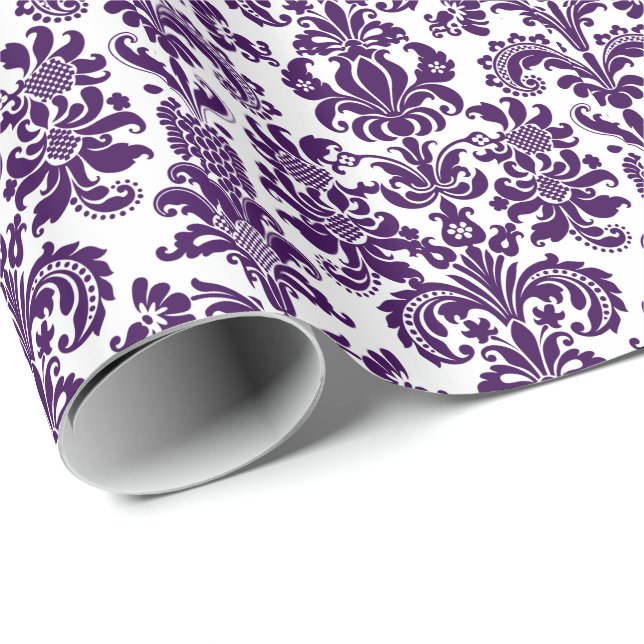 Elegant Purple Floral Damasks White Background Wrapping Paper (Roll Corner)