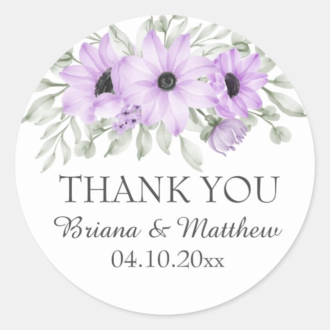 Elegant Purple Floral Favours Classic Round Sticker (Front)