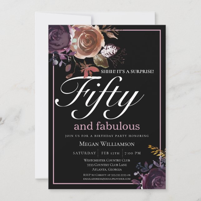 Elegant Purple  Floral Fifty and Fabulous Birthday Invitation (Front)