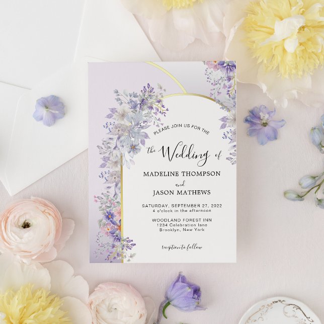 Elegant Purple Floral Foliage Gold Arch Wedding Invitation (Creator Uploaded)