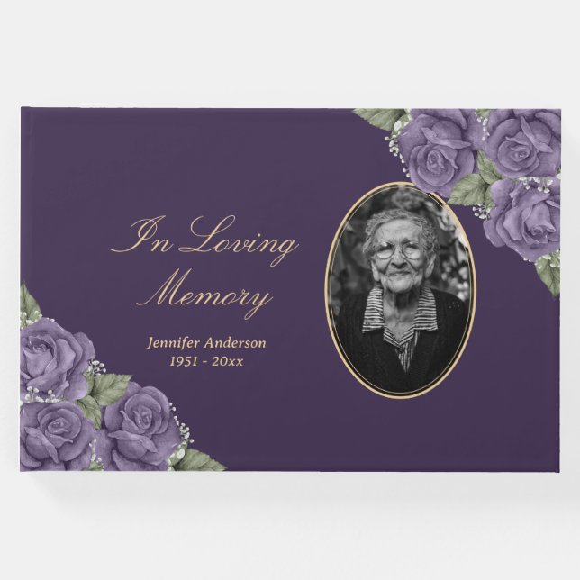 Elegant Purple Floral Funeral Photo Guest Book (Front)