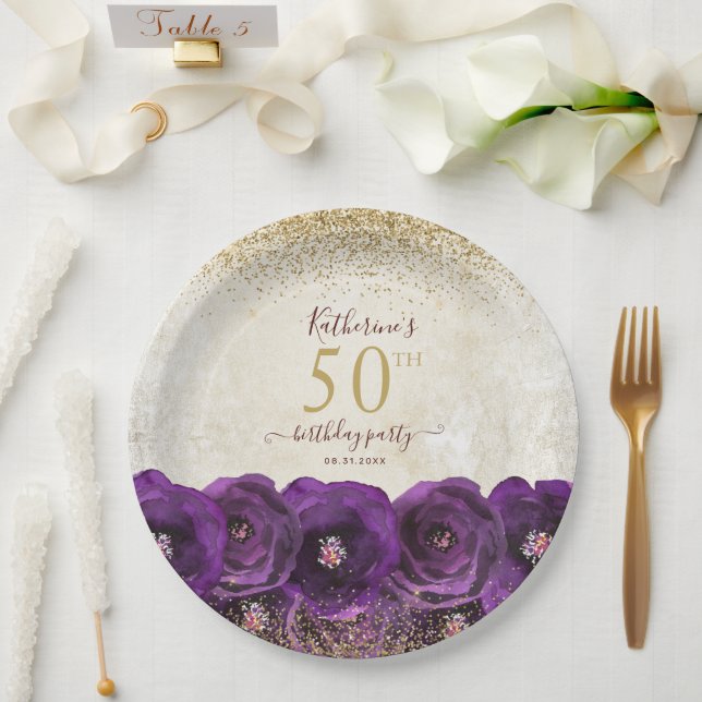 Elegant Purple Floral Gold 50th Birthday Party Paper Plate (Wedding)