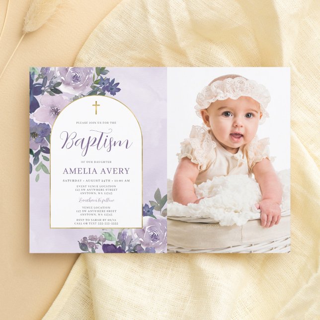 Elegant Purple Floral Gold Arch Girl Baptism Photo Invitation (Creator Uploaded)