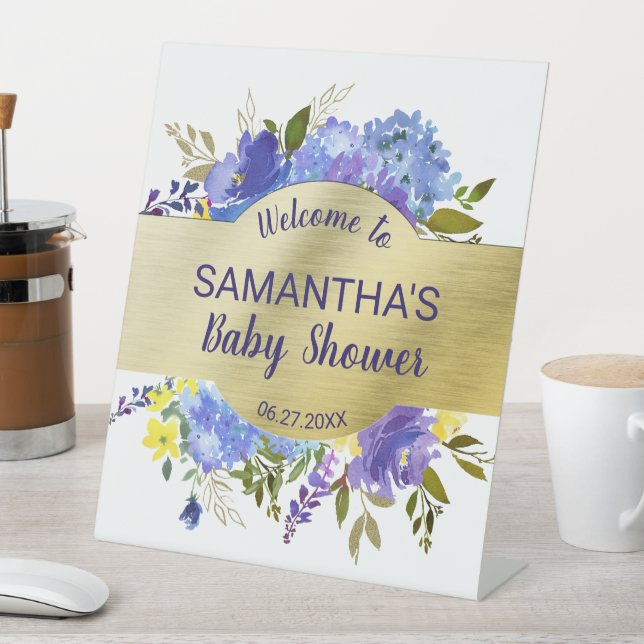 Elegant Purple Floral Gold Baby Shower Thank You   Pedestal Sign (In SItu)