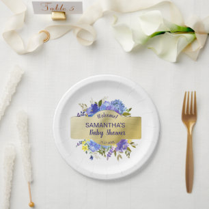 Elegant Purple Floral Gold Baby Shower Welcome Paper Plate