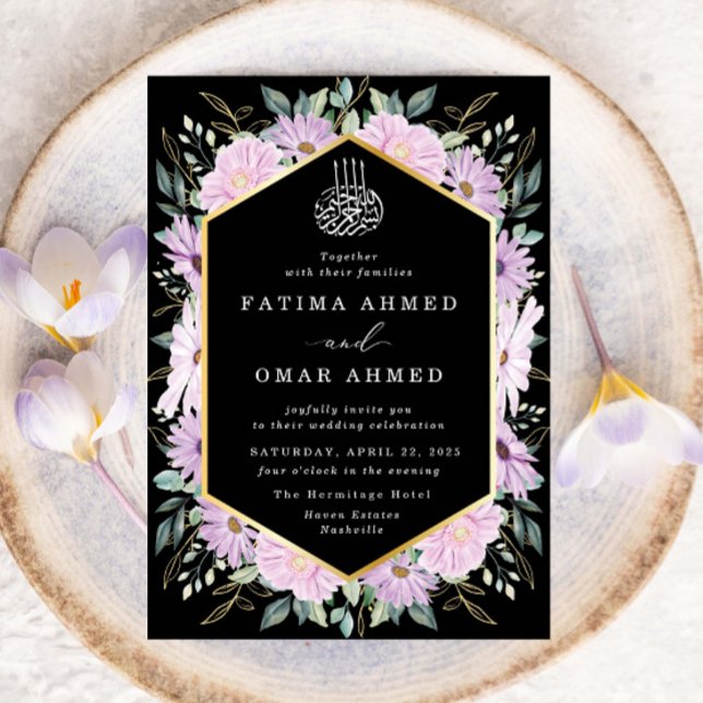 Elegant Purple Floral Gold Leaves Muslim Wedding Invitation (Creator Uploaded)