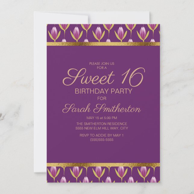 Elegant Purple Floral Gold Sweet 16 Birthday Invitation (Front)