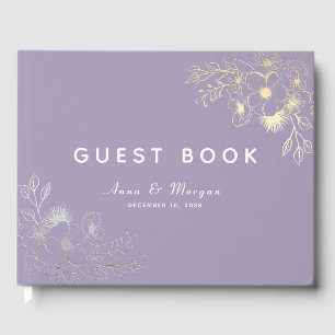 Elegant Purple Floral Gold Wedding  Guest Book