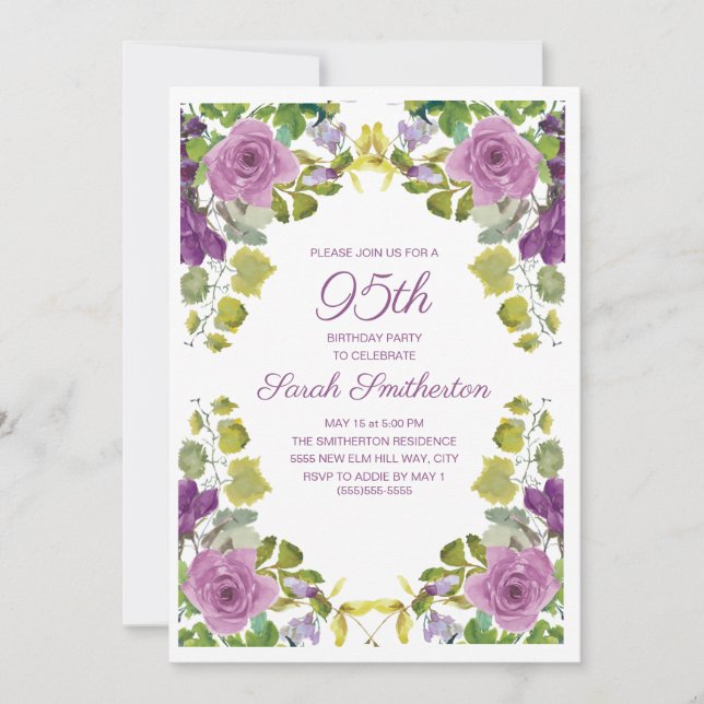 Elegant Purple Floral Green Vines 95th Birthday Invitation (Front)