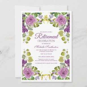 Elegant Purple Floral Green Vines Retirement Party Invitation