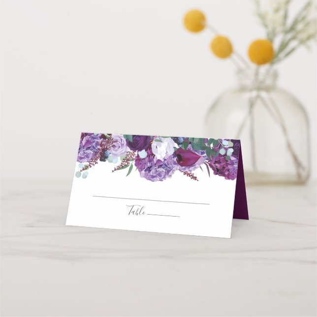 Elegant Purple Floral Greenery Wedding Script Place Card (Front)