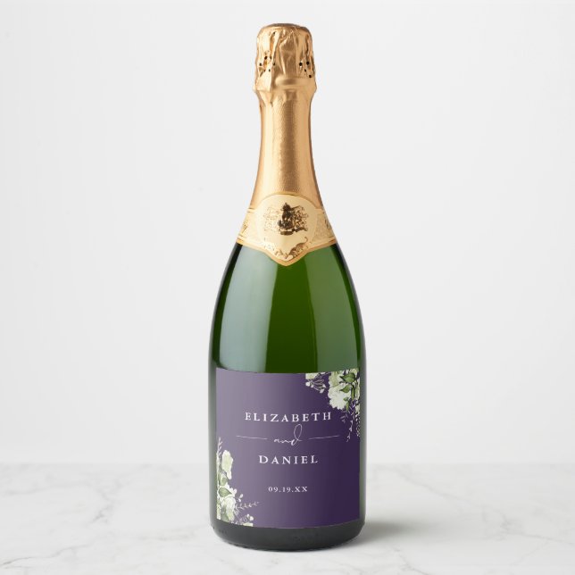 Elegant Purple Floral Greenery Wedding Sparkling Wine Label (Front)