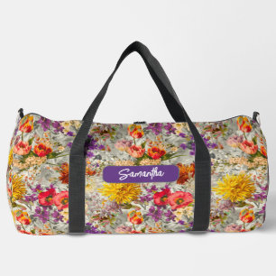 Elegant purple floral grey pattern monogram sling duffle bag