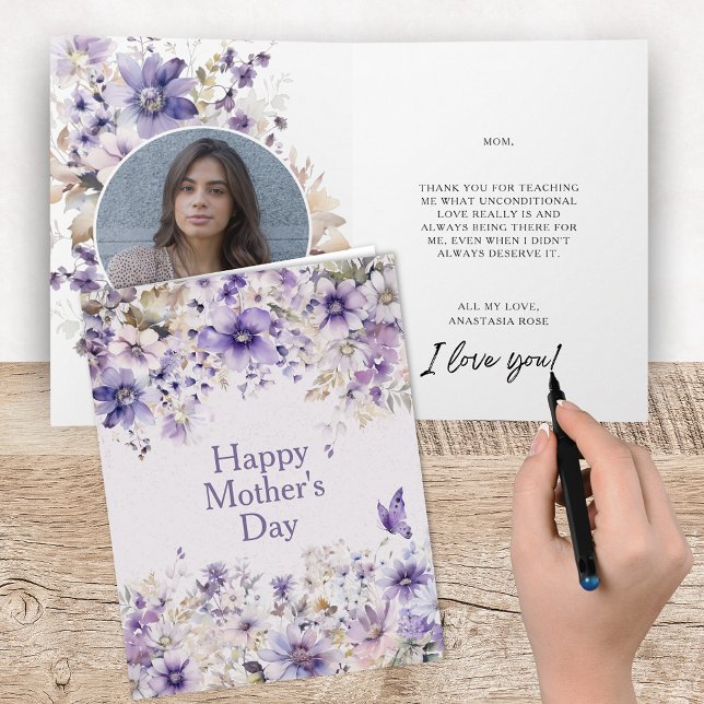 Elegant Purple Floral Happy Mother's Day Keepsake Card (Elegant floral mother's day card with keepsake photo and modern sentimental personalized text)