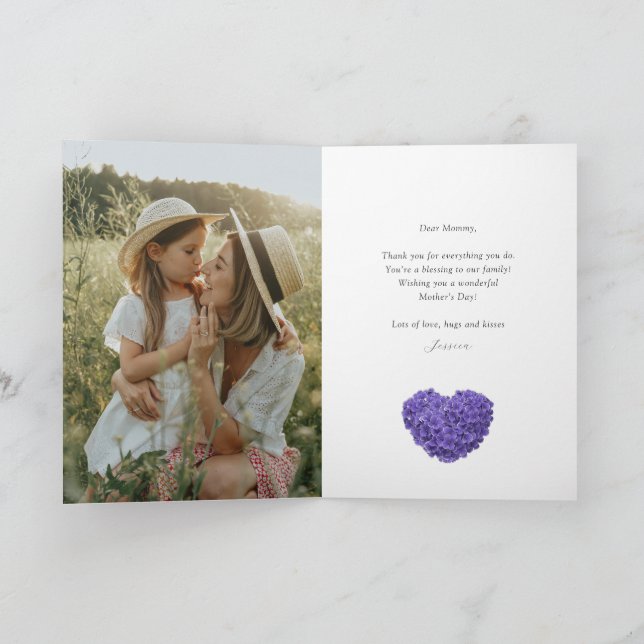 Elegant Purple Floral Heart Photo Mother's Day Card (Inside)