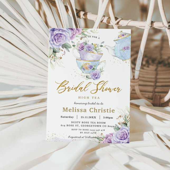 Elegant Purple Floral High Tea Party Bridal Shower Invitation (Creator Uploaded)