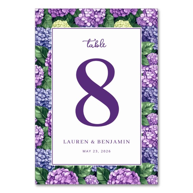 Elegant Purple Floral Hydrangea Table Number (Front)