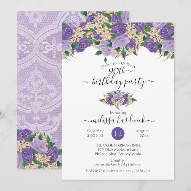 Elegant Purple Floral | Lace 90th Birthday Party Invitation (Front/Back)
