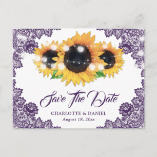 Elegant Purple Floral Lace Sunflower Wedding Announcement Postcard